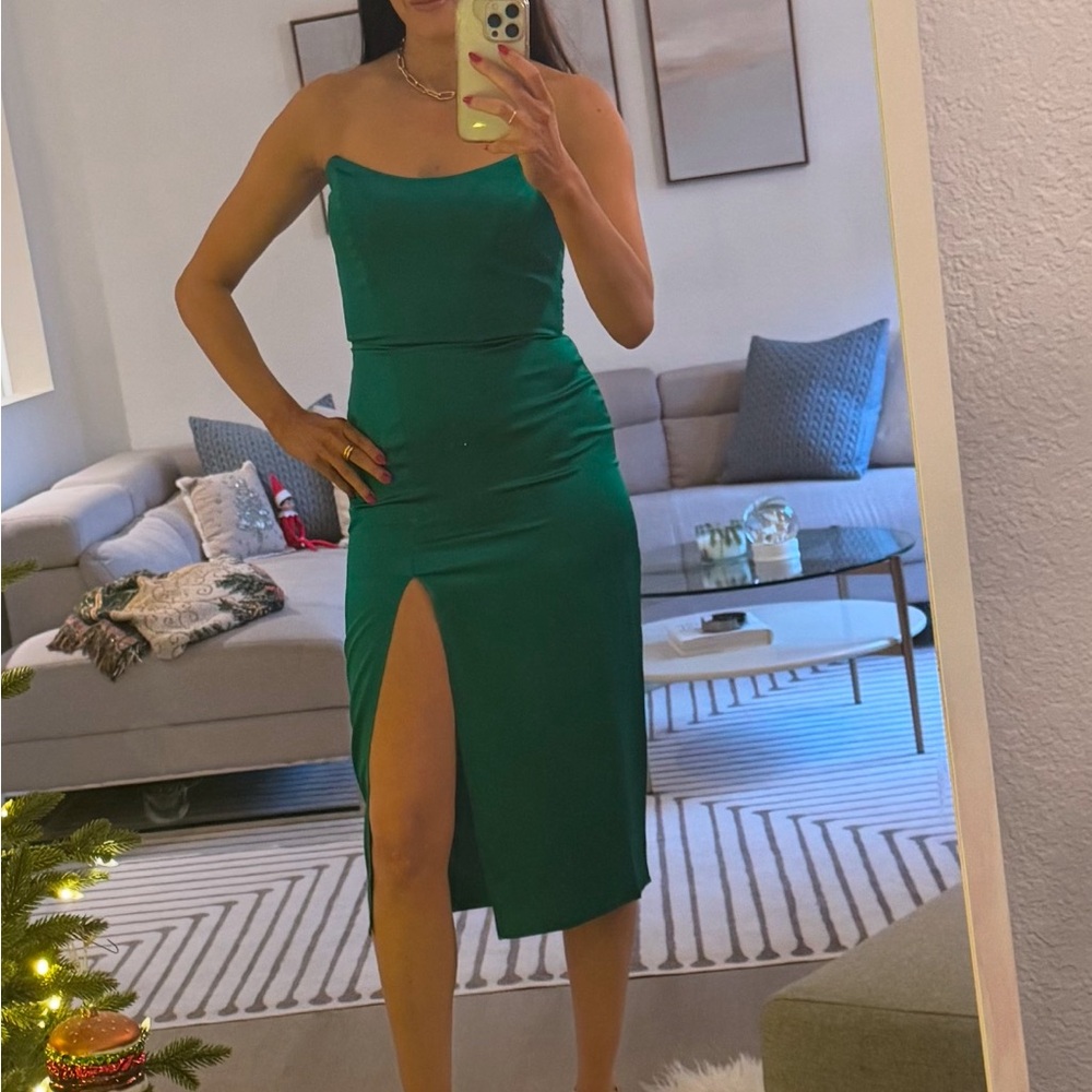 Amanda Uprichard Chamberlain in Dark Green Strapless Midi Dress XS